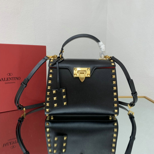2021 Valentino Small Rockstud Alcove Grainy Calfskin Handbag in Black