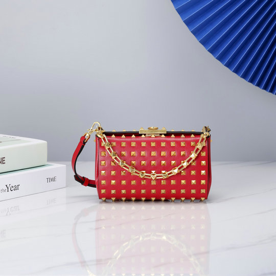 2021 Valentino Rockstud Alcove Grainy Calfskin Clutch Bag Red with All-Over Studs