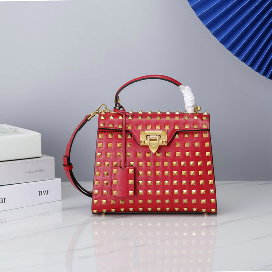 2021 Valentino Small Rockstud Alcove Handbag in Red Grainy Calfskin with all-over studs