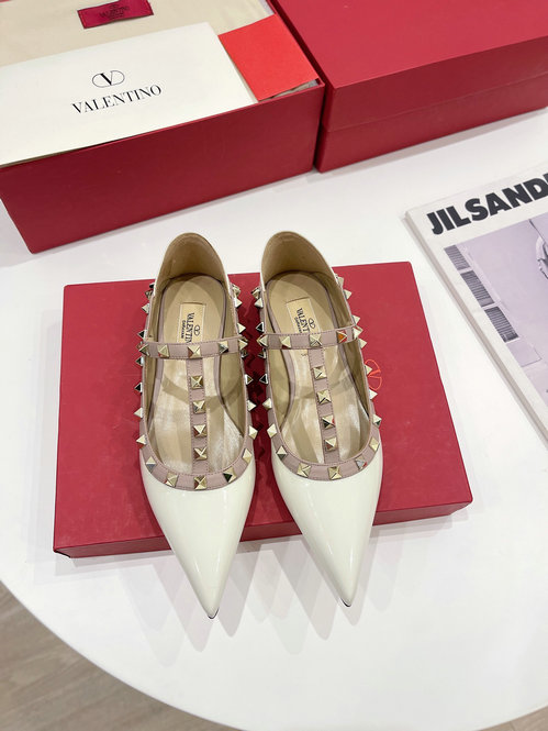 2021 Valentino Rockstud T-strap Ballet Flat in ivory patent leather