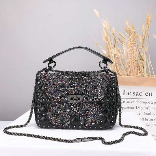 2021 Valentino Medium Crystal Butterfly Spike Bag Black Leather