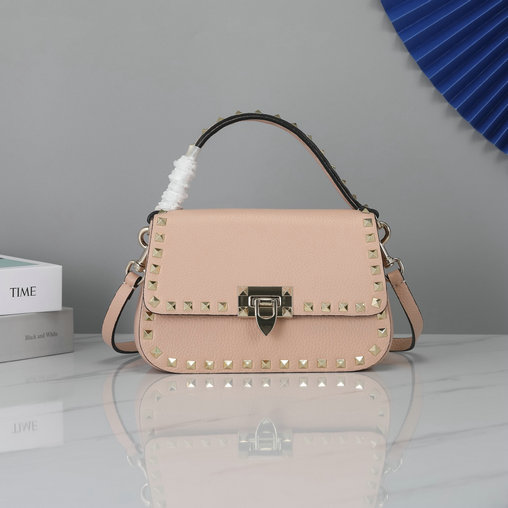 2021 Valentino Small Rockstud Handbag in Rose Cannelle Grainy Calfskin