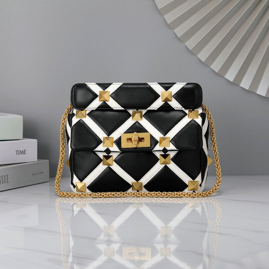 2021 Valentino Roman Stud The Shoulder Bag in Black/IvoryNappa with Grid Detailing
