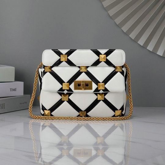 2021 Valentino Roman Stud The Shoulder Bag in Ivory/Black Nappa with Grid Detailing