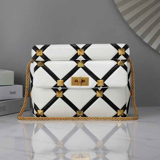 2021 Valentino Large Roman Stud The Shoulder Bag in Ivory/Black Nappa with Grid Detailing