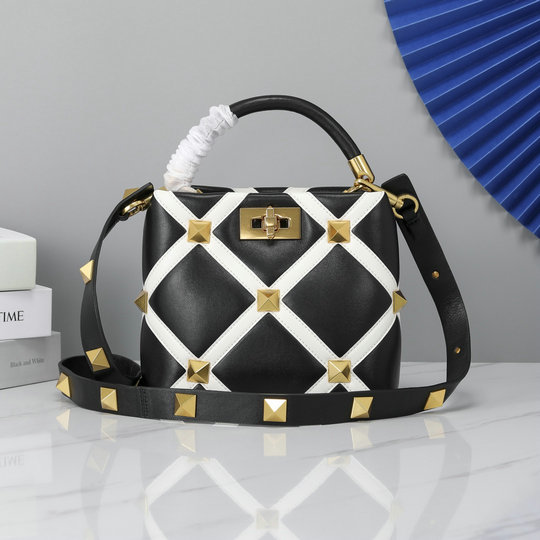 2021 Valentino Small Roman Stud The Handle Bag in Black/Ivory Nappa with Grid Detailing