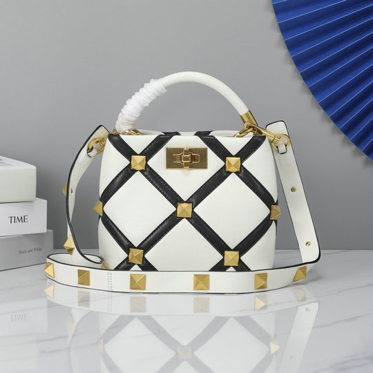 2021 Valentino Small Roman Stud The Handle Bag in Ivory/Black Nappa with Grid Detailing