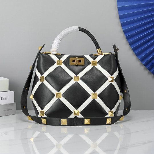 2021 Valentino Roman Stud The Handle Bag in Black/Ivory Nappa with Grid Detailing