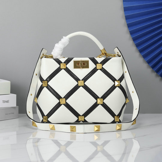 2021 Valentino Roman Stud The Handle Bag in Ivory/Black Nappa with Grid Detailing