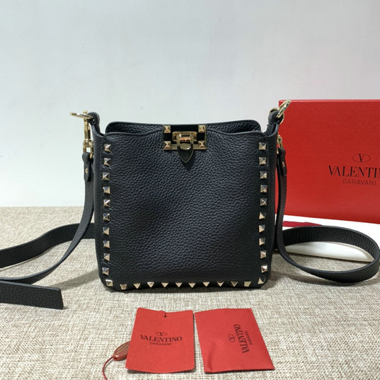 2019 Valentino Mini Rockstud Hobo Bag in Black Grainy Calfskin Leather