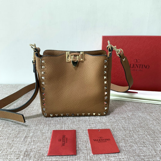 2021 Valentino Mini Rockstud Hobo Bag in Tan Grainy Calfskin Leather