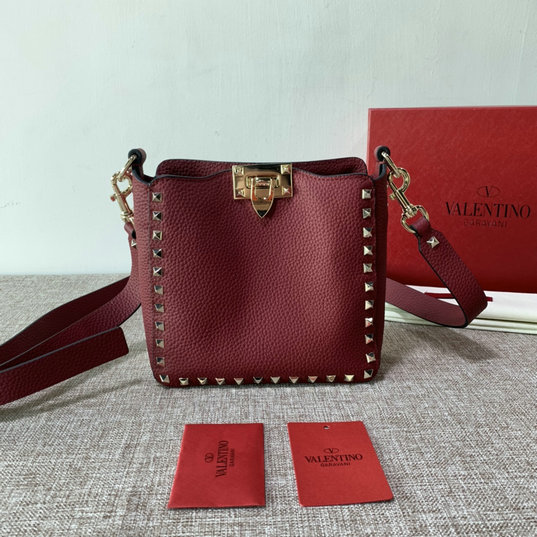 2021 Valentino Mini Rockstud Hobo Bag in Burgundy Grainy Calfskin Leather