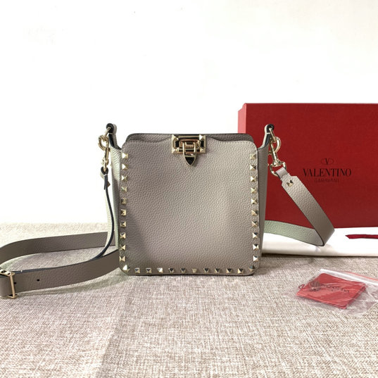 2021 Valentino Mini Rockstud Hobo Bag in Gray Grainy Calfskin Leather