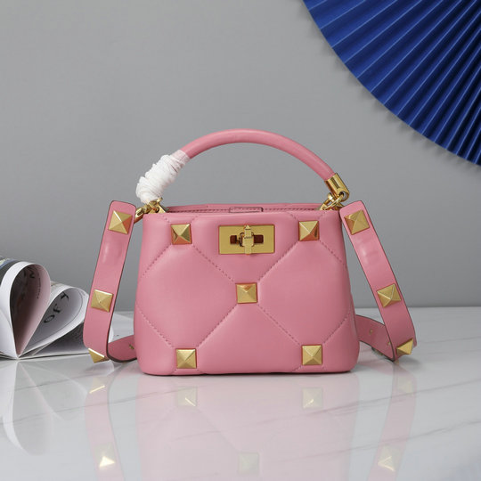 2021 Valentino Mini Roman Stud The Handle Bag in Flamingo Pink Nappa Leather