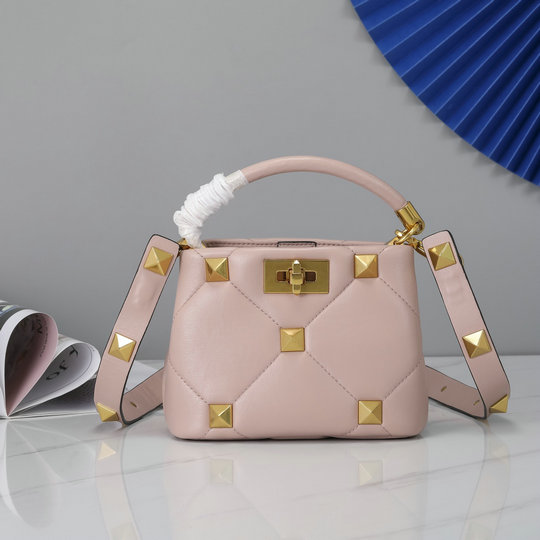 2021 Valentino Mini Roman Stud The Handle Bag in Rose Cannelle Nappa Leather