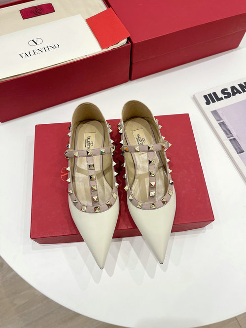2021 Valentino Rockstud T-strap Ballet Flat in ivory calf leather