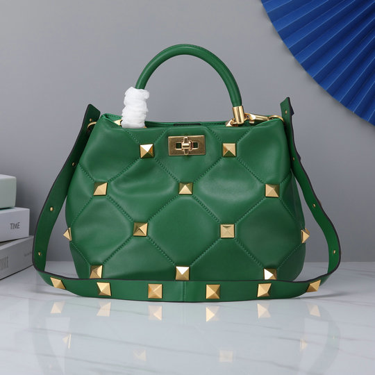 2021 Valentino Roman Stud The Handle Bag in Green Nappa Leather