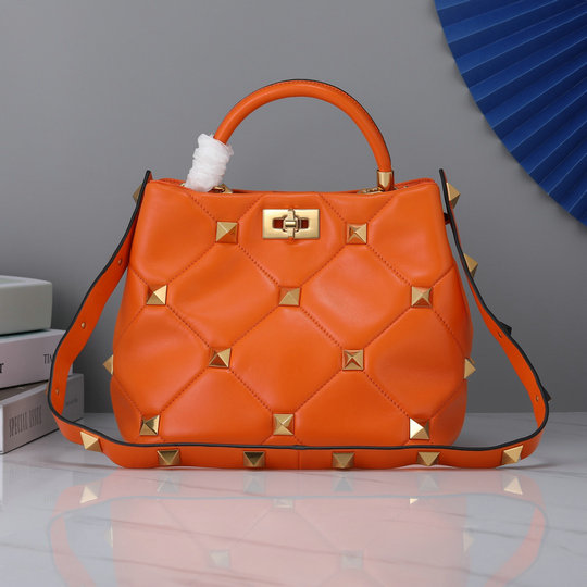 2021 Valentino Roman Stud The Handle Bag in Orange Nappa Leather