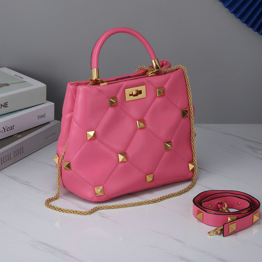 2021 Valentino Roman Stud The Handle Bag in Flamingo Pink Nappa Leather