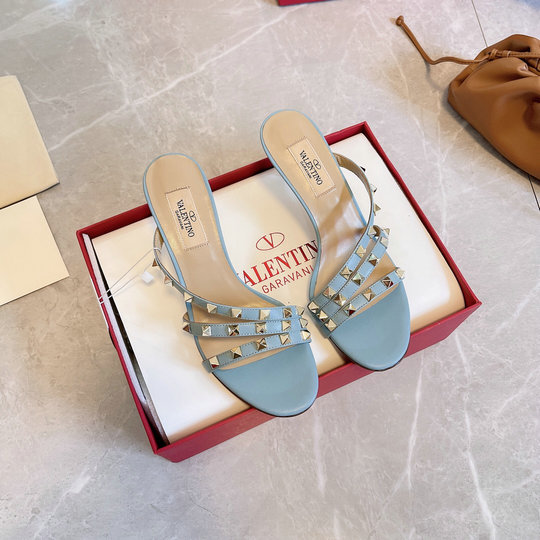 2021 Valentino Rockstud Slip-on Sandal in Azure Calfskin Leather