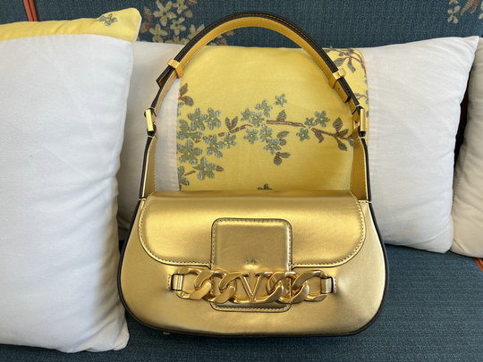 2022 Valentino VLogo Chain Shoulder Bag in Antique Brass Calfskin