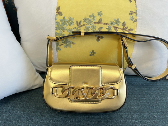 2022 Valentino Small VLogo Chain Shoulder Bag in Antique Brass Calfskin