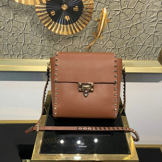 2022 Valentino Rockstud Flip Lock Flap Messenger Bag in Brown Leather