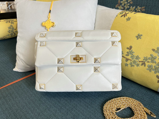 2022 Valentino Large Roman Stud The Shoulder Bag in white nappa with tone-on-tone studs