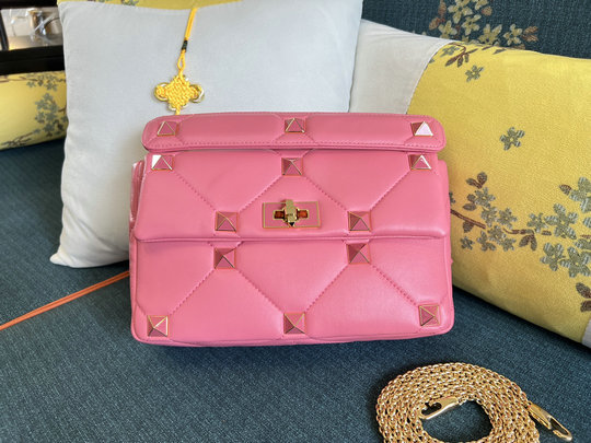 2022 Valentino Large Roman Stud The Shoulder Bag in pink nappa with tone-on-tone studs