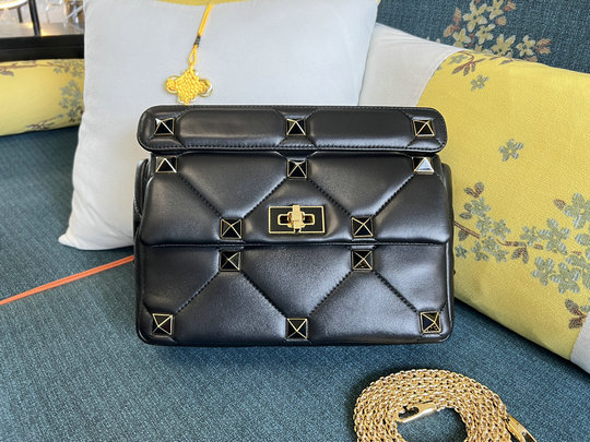 2022 Valentino Large Roman Stud The Shoulder Bag in black nappa with tone-on-tone studs