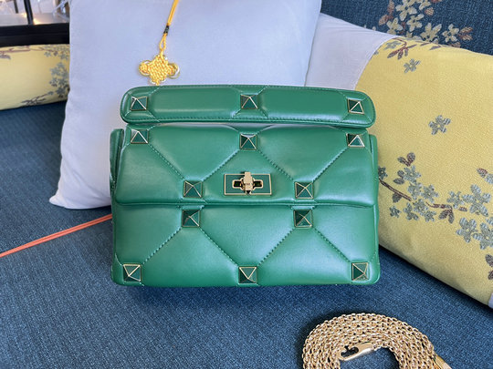 2022 Valentino Large Roman Stud The Shoulder Bag in green nappa with tone-on-tone studs