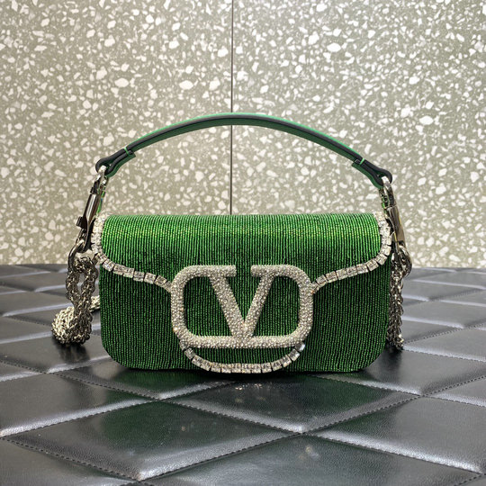 2022 Valentino Locò Embroidered Small Shoulder Bag in Green