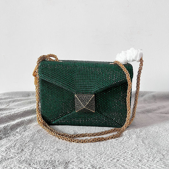2022 Valentino One Stud Small Bag dark green with chain and rhinestone embroidery
