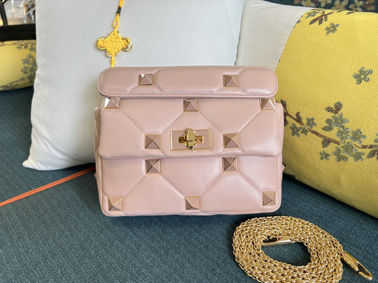 2022 Valentino Medium Roman Stud The Shoulder Bag in rose cannelle nappa with tone-on-tone studs