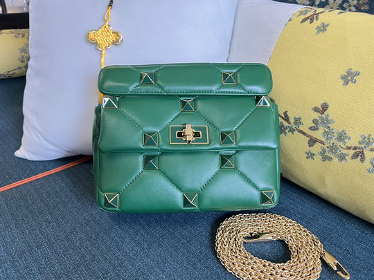 2022 Valentino Medium Roman Stud The Shoulder Bag in green nappa with tone-on-tone studs