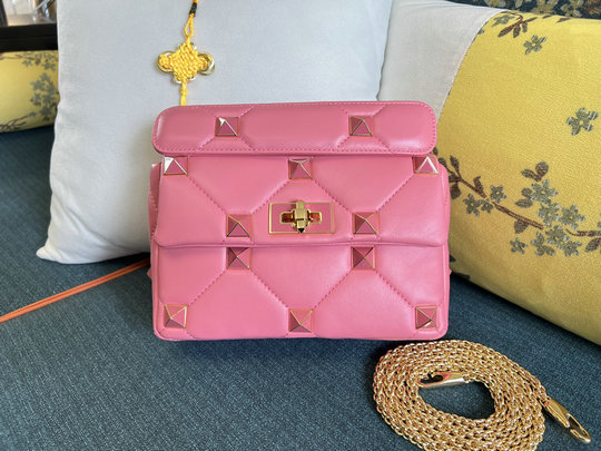 2022 Valentino Medium Roman Stud The Shoulder Bag in pink nappa with tone-on-tone studs