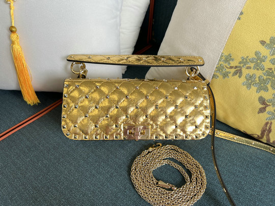 2022 Valentino Rockstud Spike Shoulder Bag Antique Brass Calfskin Leather - Click Image to Close