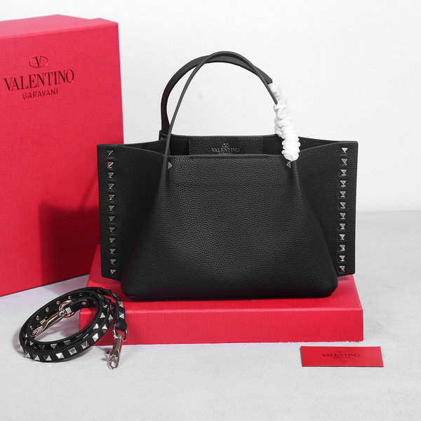 2023 Valentino Rockstud Small East-West Tote Bag in Black Grained Leather
