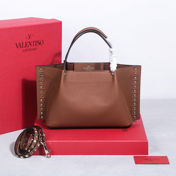2023 Valentino Rockstud Small East-West Tote Bag in Brown Grained Leather
