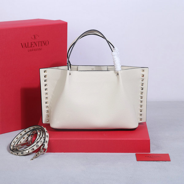 2023 Valentino Rockstud Small East-West Tote Bag in Ivory Grained Leather