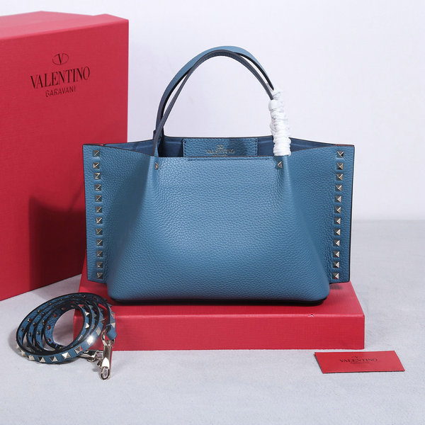 2023 Valentino Rockstud Small East-West Tote Bag in Blue Grained Leather