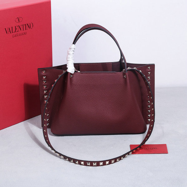 2023 Valentino Rockstud Small East-West Tote Bag in Burgundy Grained Leather