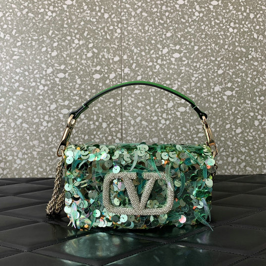 2023 Valentino Garavani Locò Small Shoulder Bag Green with 3D-effect embroidery