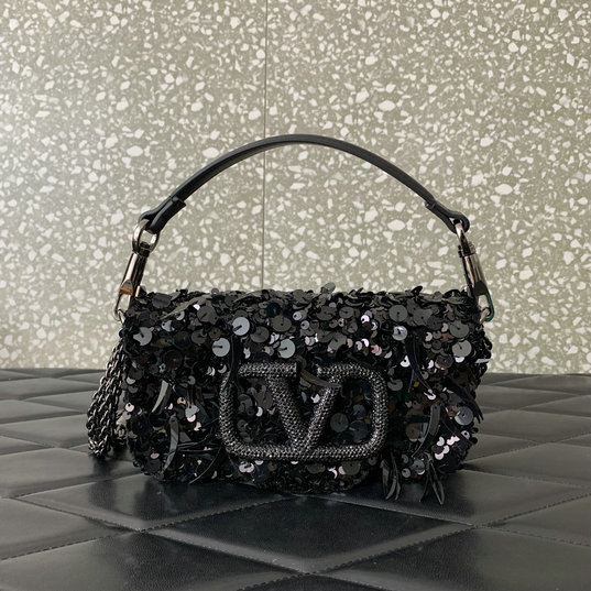 2023 Valentino Garavani Locò Small Shoulder Bag Black with 3D-effect embroidery