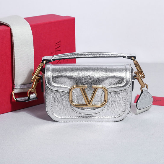 2023 Valentino Alltime Shoulder Bag in Silver Grainy Calfskin Leather - Click Image to Close