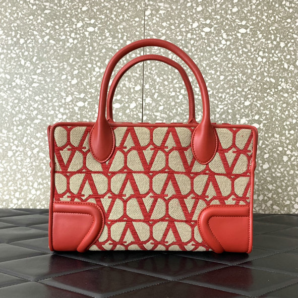 2023 Valentino Le Quatrieme Small Shopping Bag in Toile Iconographe with red goatskin details