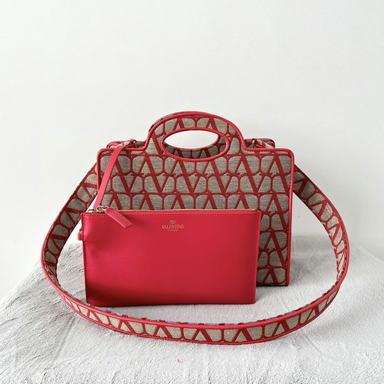 2023 Valentino La Troisieme Small Shopping Bag in Beige/Red Toile Iconographe