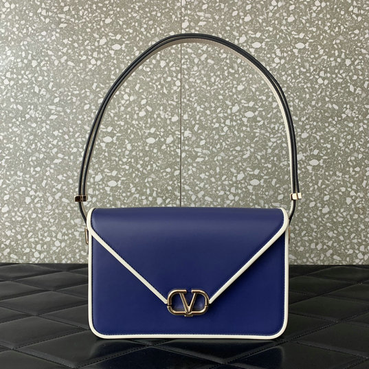 2023 Valentino Shoulder Letter Bag in Two-tone Smooth Calfskin Navy/White