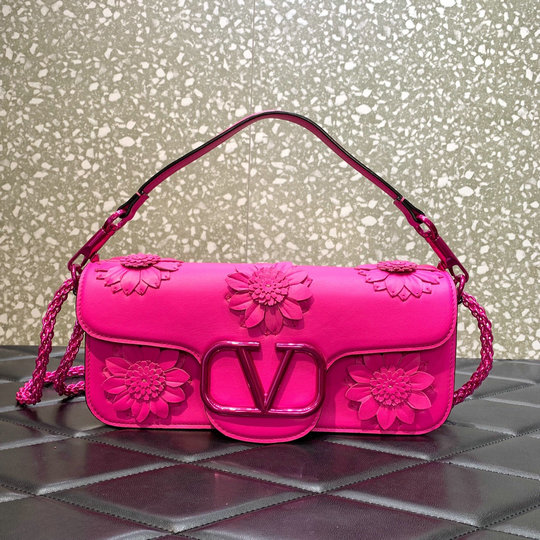2023 Valentino Locò Shoulder Bag Pink PP with Applique Flowers