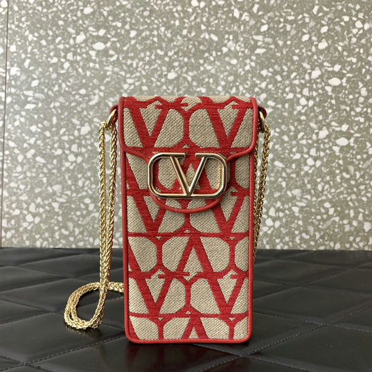 2023 Valentino Locò Phone Case with chain in Beige/Red Toile Iconographe